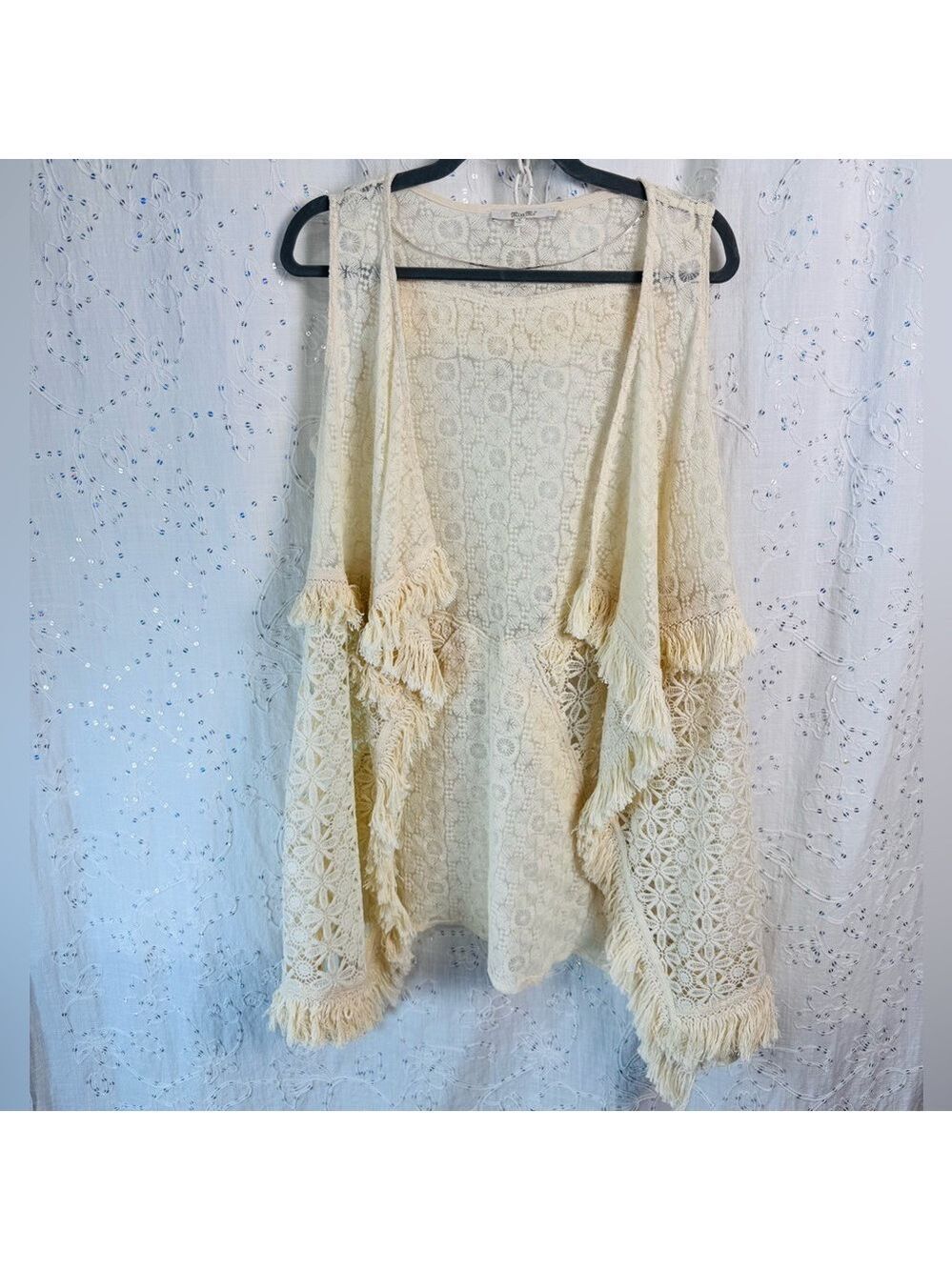 Miss Me Crochet Lace Fringe Vest – Boho Festival Style – Size M